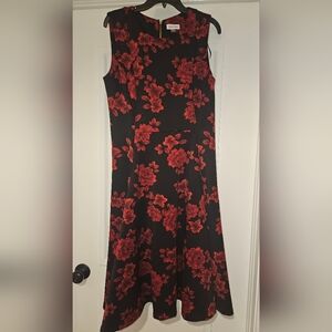 Calvin Klein Elegant Black Dress with Red Floral Pattern